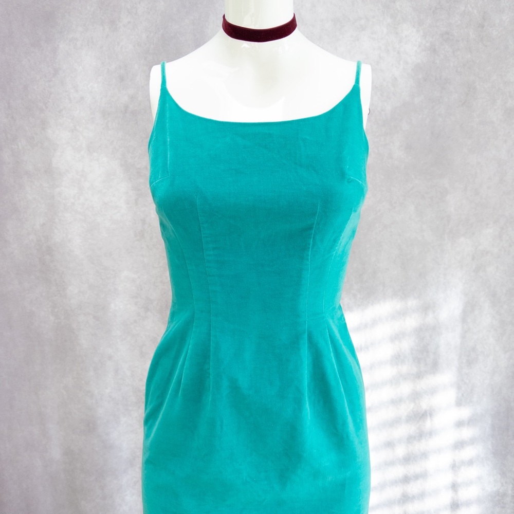 Vintage 1950s Joan Miller for Glen Teal Cotton Velveteen Sheath Dress ~24” waist - Picture 6 of 9